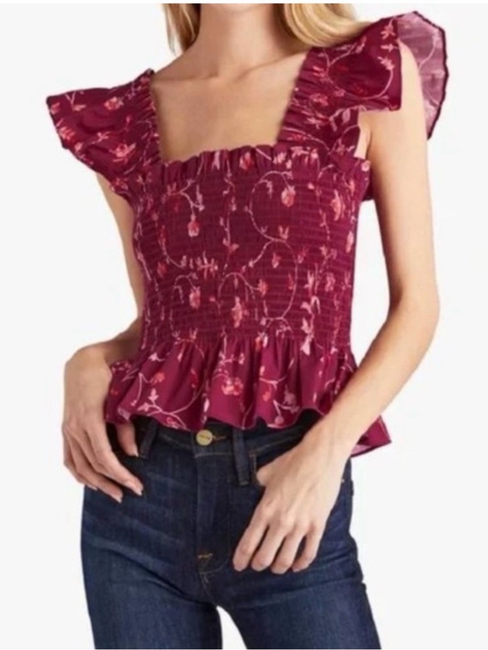 Hill House Burgundy Floral Smocked Peplum Tank